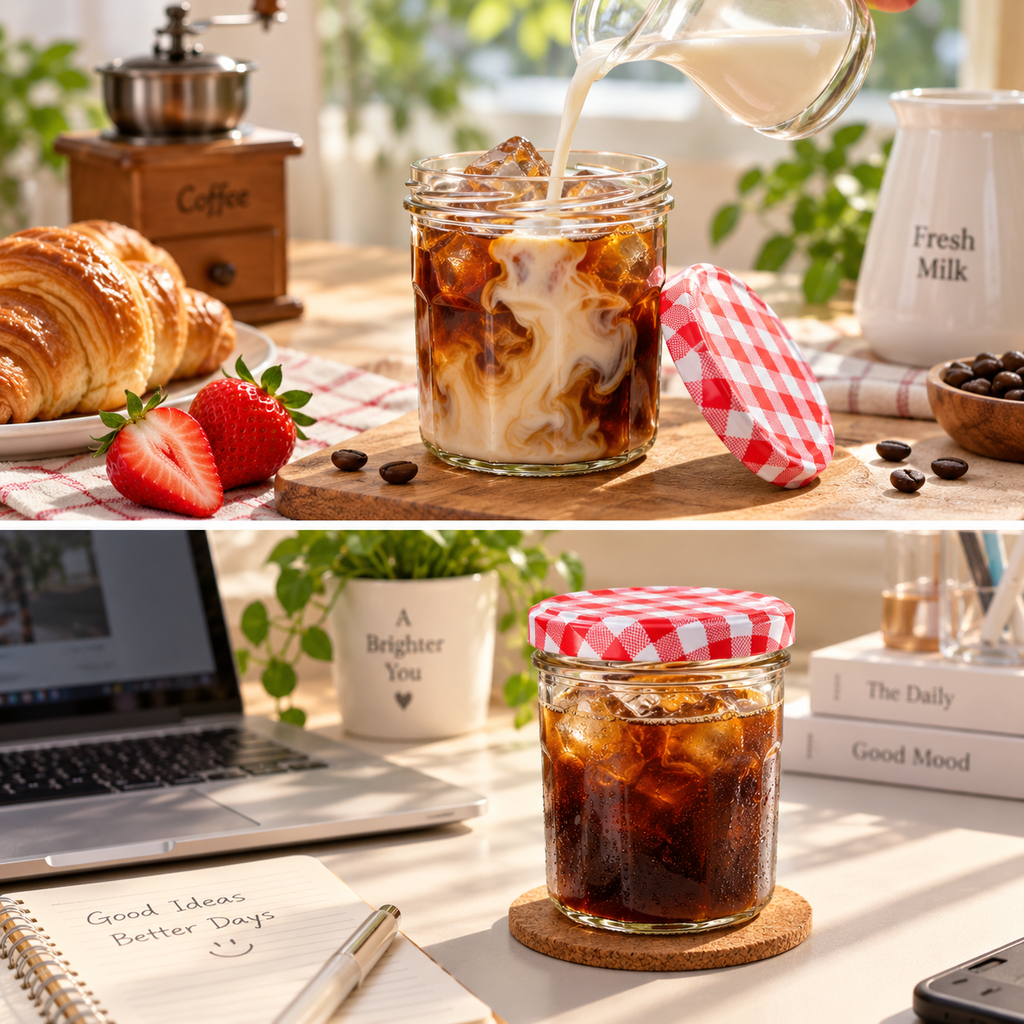 Mini Glass Coffee Jar with Gingham Lid – Make Your Iced Latte Moment a Little Sweeter