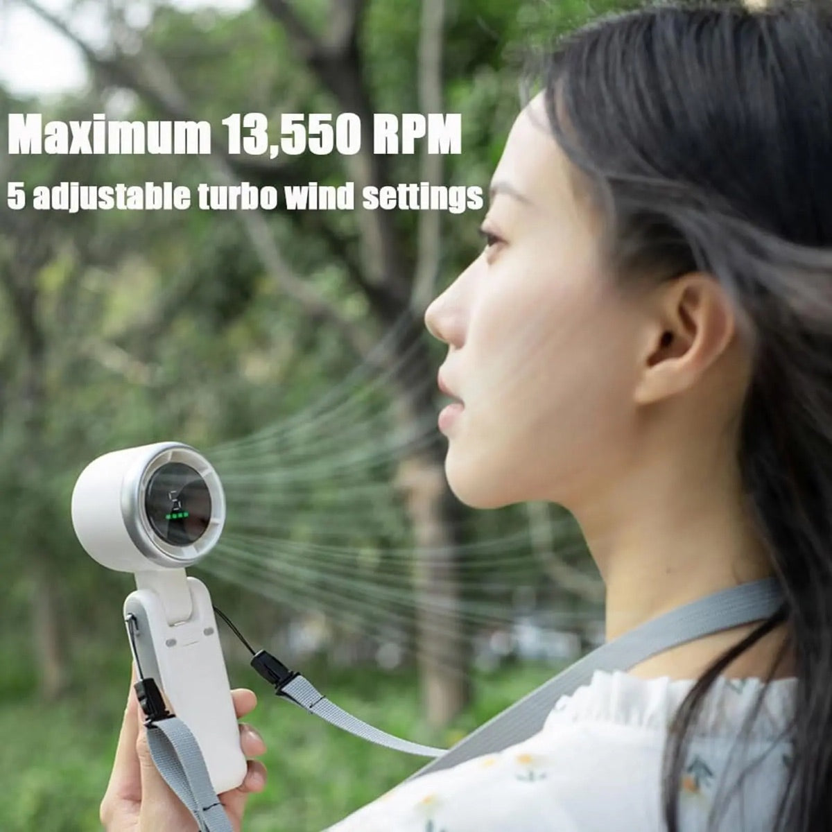 5-Speed Portable Turbo Handheld Fan: 12H Long-Life Battery for Travel & Beach product image 2