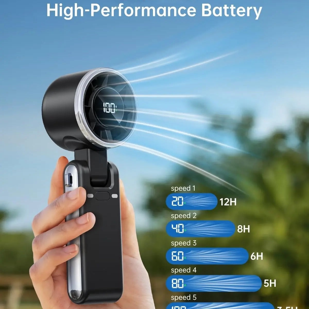 5-Speed Portable Turbo Handheld Fan: 12H Long-Life Battery for Travel & Beach product image 8