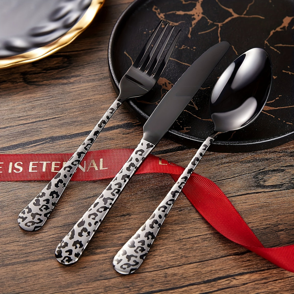 5-Piece Black Leopard Print Flatware Set – Bring Wild Style to the Table