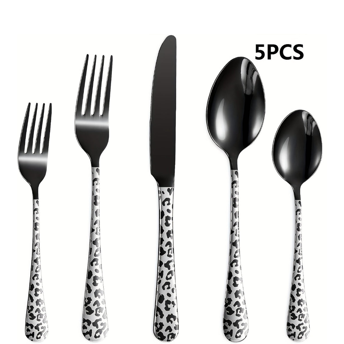 5-Piece Black Leopard Print Flatware Set – Bring Wild Style to the Table