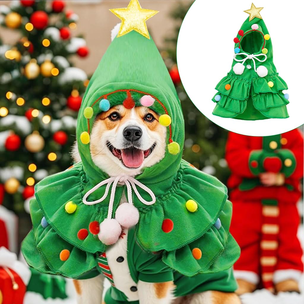 Christmas Tree Pet Costume – Festive Hooded Cape for Cats & Small Dogs