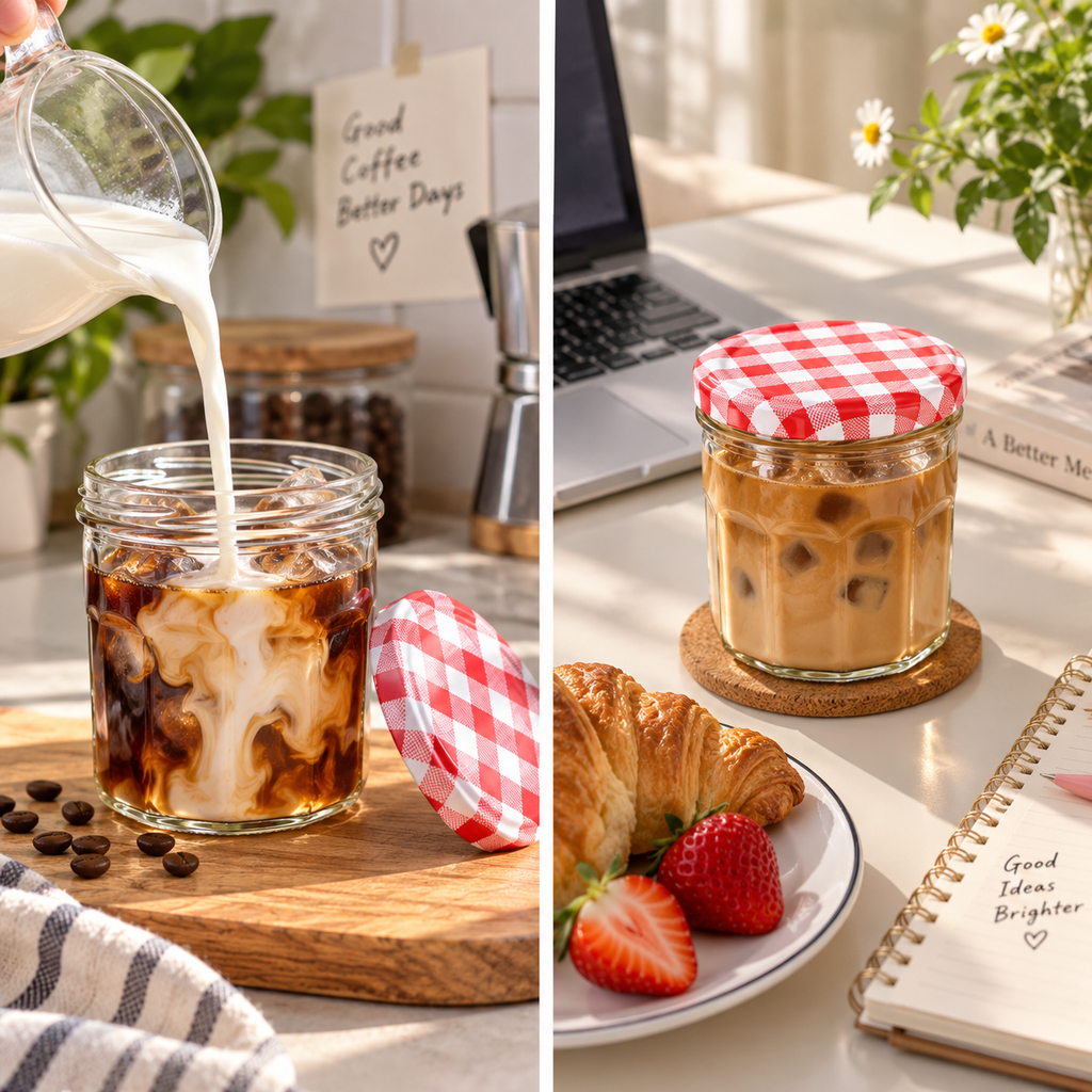 Mini Glass Coffee Jar with Gingham Lid – Make Your Iced Latte Moment a Little Sweeter