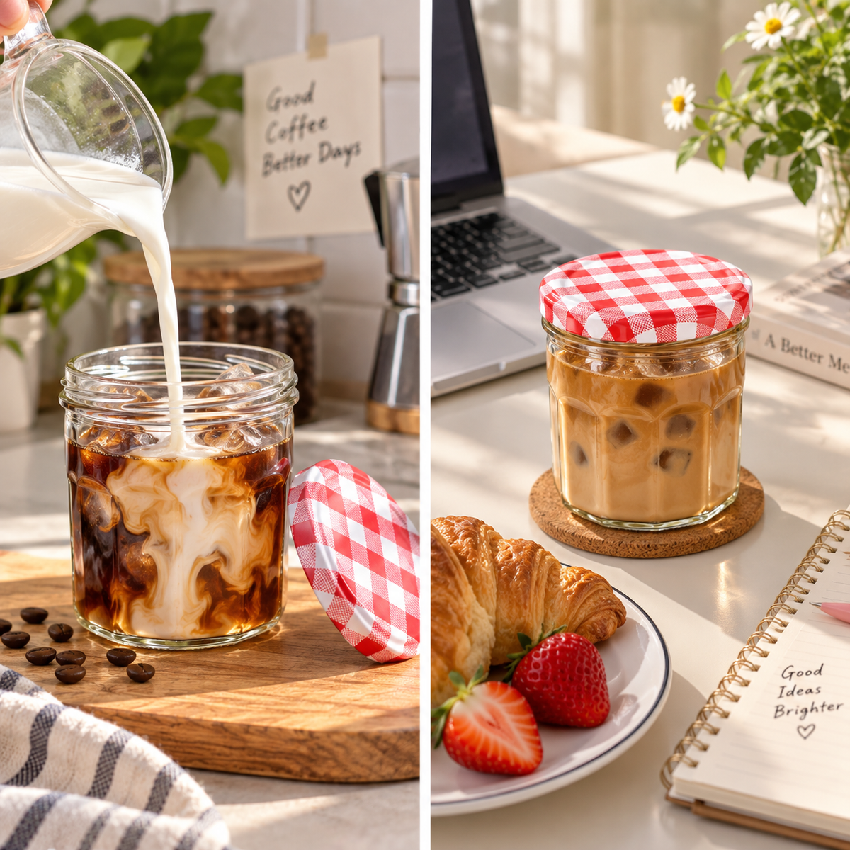Mini Glass Coffee Jar with Gingham Lid – Make Your Iced Latte Moment a Little Sweeter