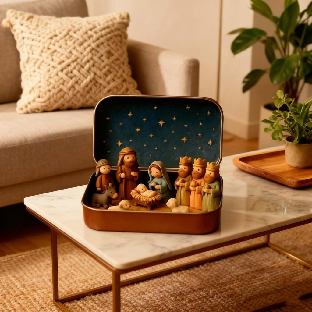 Mini Nativity Scene in a Suitcase-Style Display Case – A Meaningful Christmas Keepsake