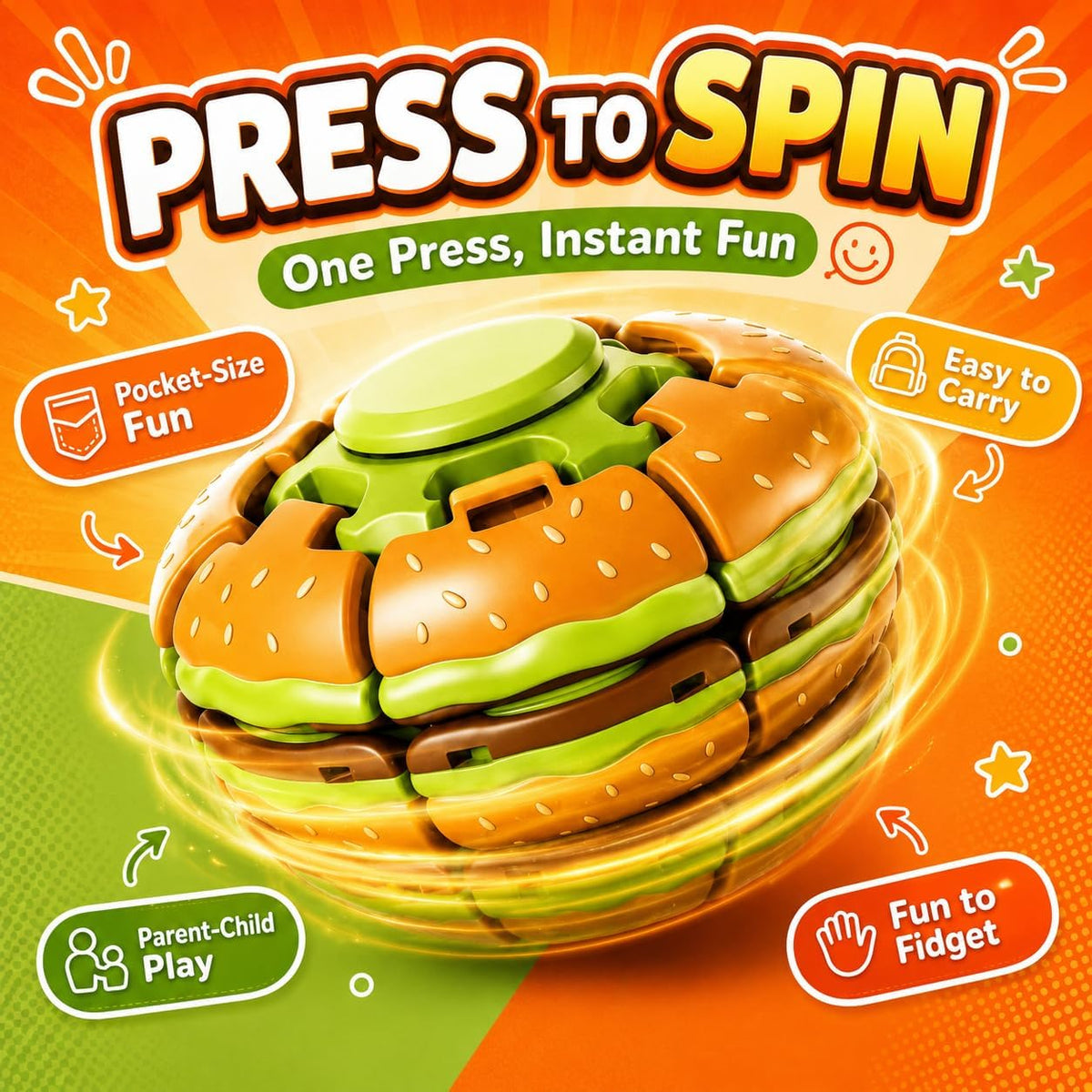 Burger Spin & Press Fidget Toy – A Satisfying Stress-Relief Break in Every Turn