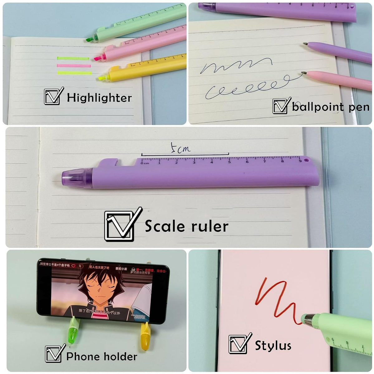 5-in-1 Multifunction Pen – Ballpoint Pen, Highlighter, Ruler, Stylus & Phone Stand