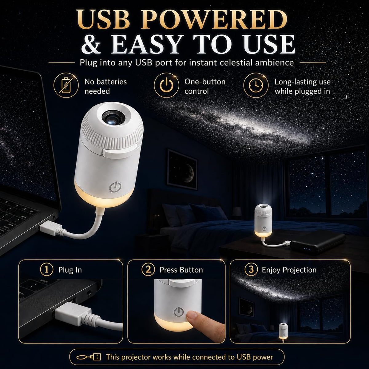 Galaxy Night Light Projector – USB Starry Sky Lamp for Bedrooms & Parked Cars