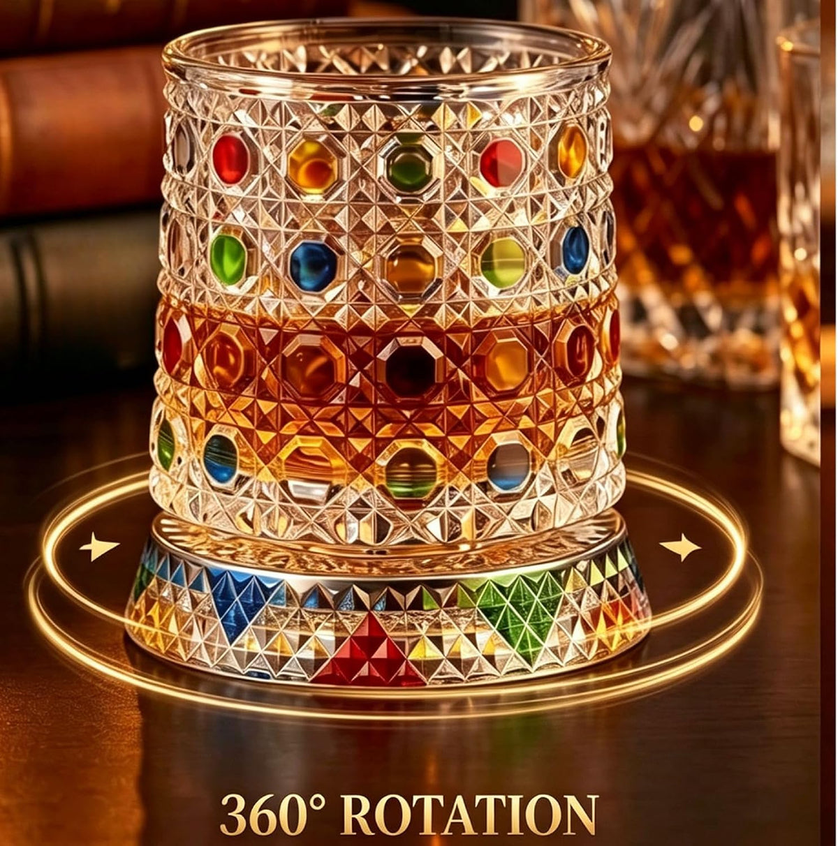 360° Rotating Whiskey Glass – 9 oz Lead-Free Crystal Tumbler in 9 Designs