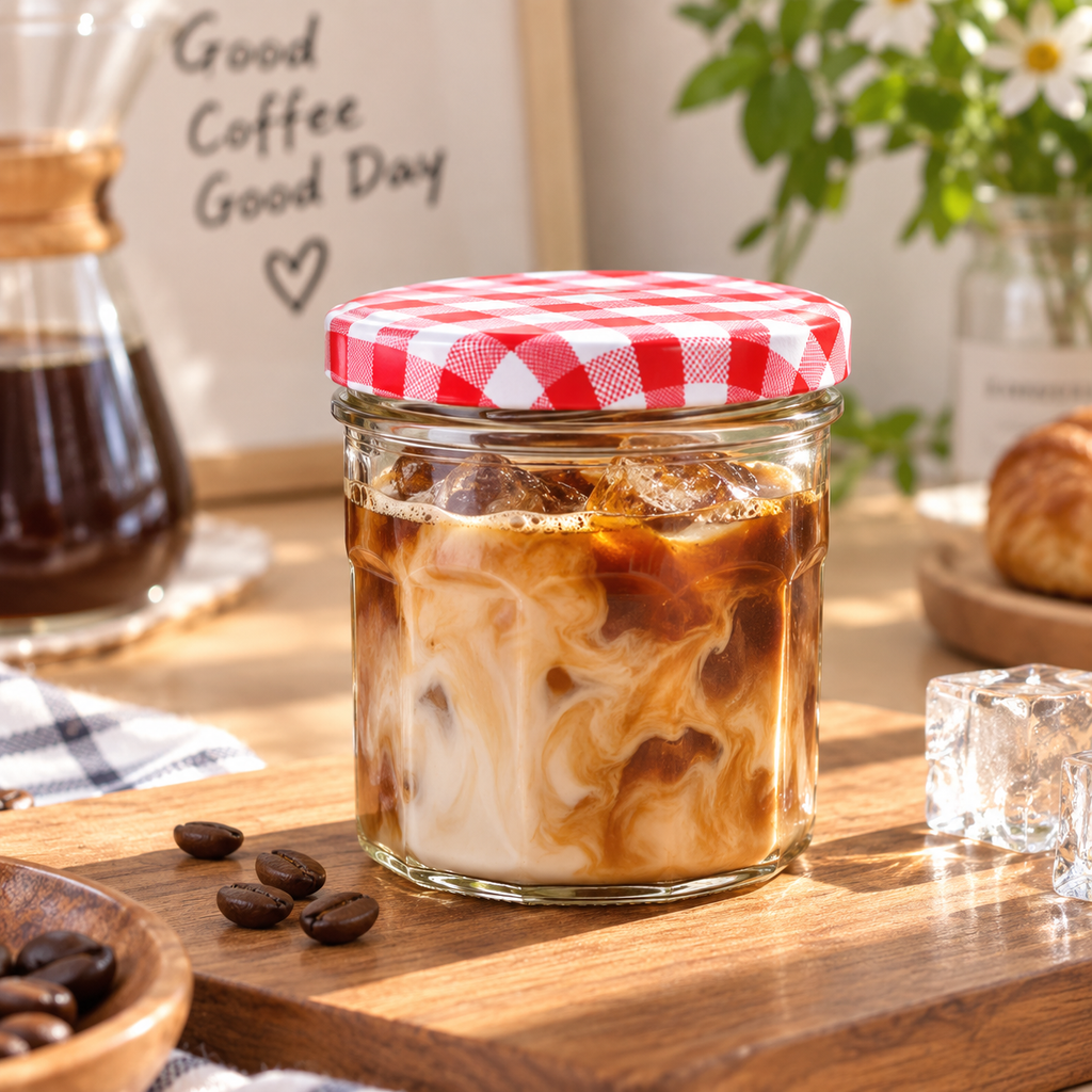 Mini Glass Coffee Jar with Gingham Lid – Make Your Iced Latte Moment a Little Sweeter