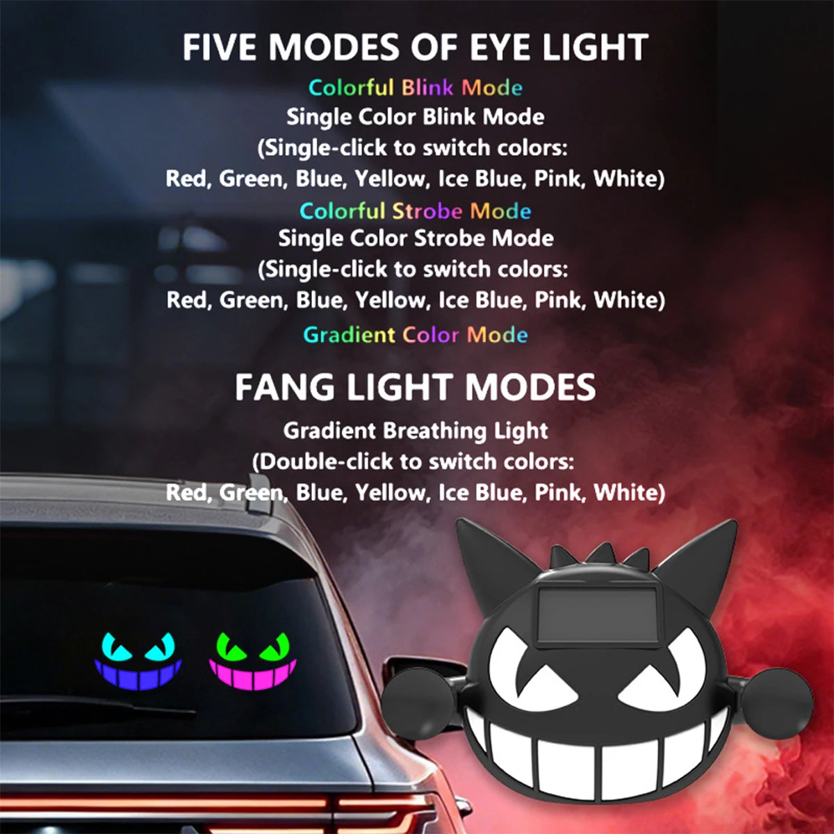 Solar Devil Face LED Car Light – Multi-Color Glow