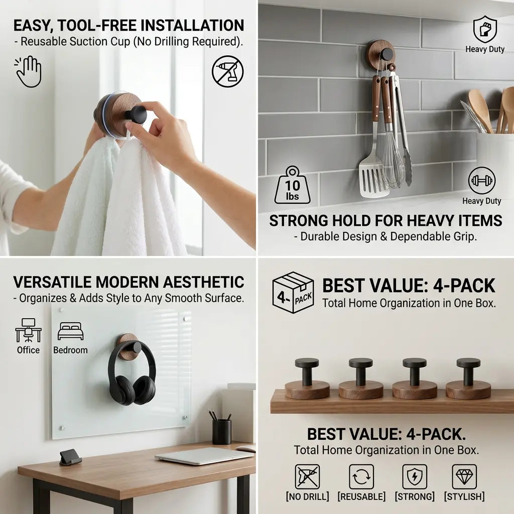 Walnut Wood Suction Cup Hooks (4 Pack) product image 4