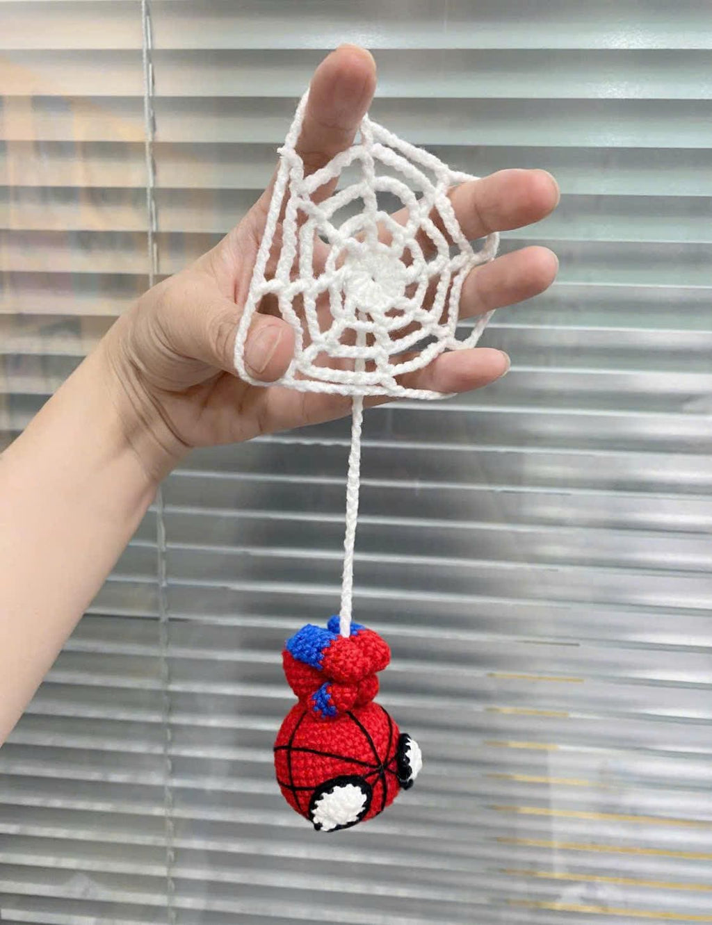 Crochet Spider Car Hanging, Handmade Amigurumi Spider Mirror Charm, Red Blue Plush Car Decor, Cute Hero-Inspired Gift, Rear View Ornament