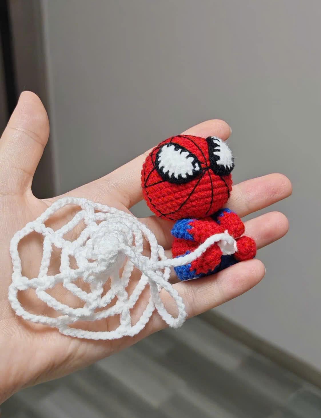 Crochet Spider Car Hanging, Handmade Amigurumi Spider Mirror Charm, Red Blue Plush Car Decor, Cute Hero-Inspired Gift, Rear View Ornament