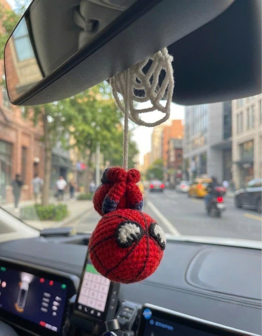 Crochet Spider Car Hanging, Handmade Amigurumi Spider Mirror Charm, Red Blue Plush Car Decor, Cute Hero-Inspired Gift, Rear View Ornament