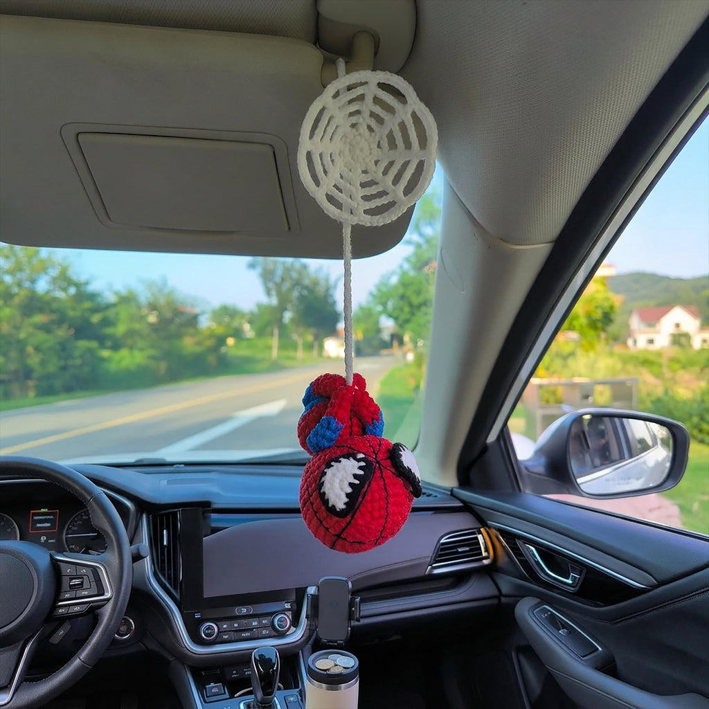 Crochet Spider Car Hanging, Handmade Amigurumi Spider Mirror Charm, Red Blue Plush Car Decor, Cute Hero-Inspired Gift, Rear View Ornament
